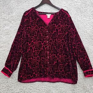 Sundance Blouse Womens Large Burgundy Floral Velvet Silk Blend Button Up‎ Boho